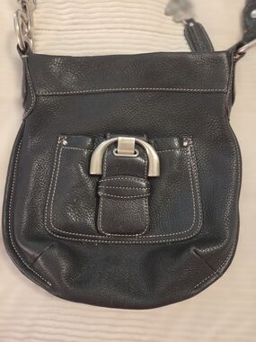 B.Makowsky Black Pebbled Leather Crossbody with Silver Buckle